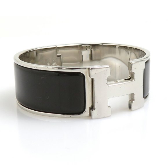 Hermes HERMES Bangle Bracelet Click Clack Metal Enamel Silver Dark Brown Women's - Picture 1 of 5